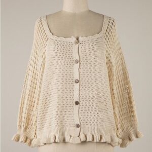 Cream Crochet Button-Front Women's Sweater Cardigan